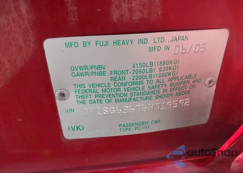 2006 Subaru Forester 2.5X from USA, damaged, VIN JF1SG63676H719592